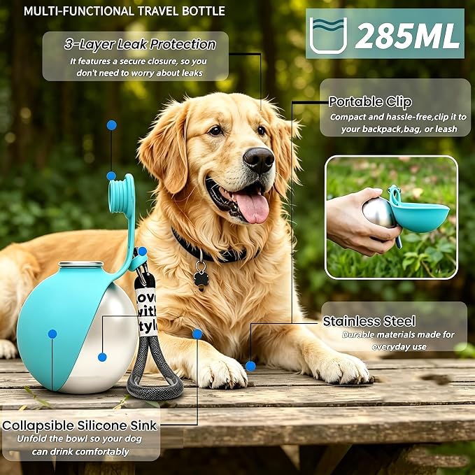 2 in 1 Portable Dog Water Bottle with Bowl,New Foldable Pet Water Cup – 10oz Stainless Steel Travel Pet Water Dispenser, Lightweight & Perfect for Small Dogs, Walking, Hiking, and Travel (Blue)