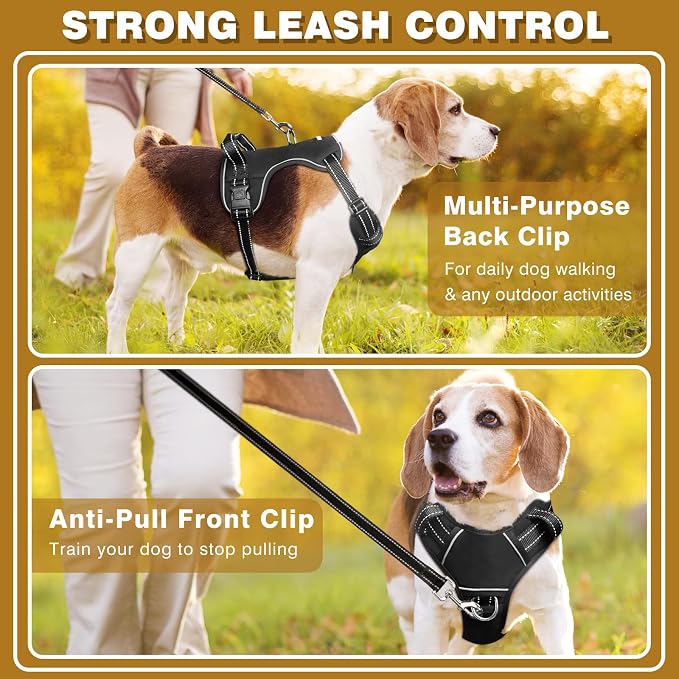 Dog Harness No Pull, Pet Harnesses with Dog Collar, Adjustable Reflective Oxford Outdoor Vest, Front/Back Leash Clips for Small, Medium, Large, Extra Large Dogs, Easy Control Handle for Walking