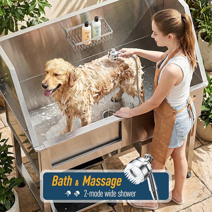 46" Dog Washing Station, 304 Stainless Steel, 440 lb, Side Step | hot cold faucet, fixed sprayer, shampoo dispenser, storage drawer, S-trap, hair filter, garage outdoor grooming