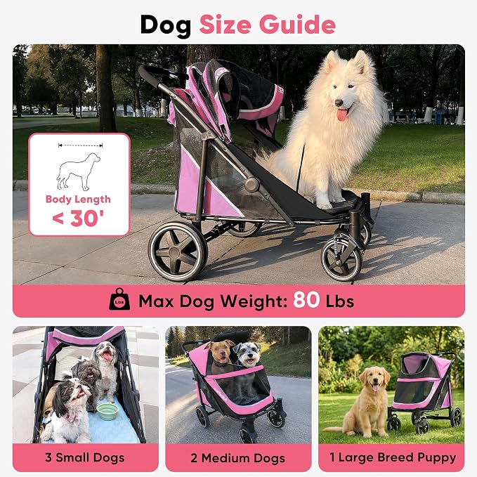 Petbobi Dog Stroller for Large & Medium Dogs - Easy Fold Dual Entry Pet Stroller with One-Foot Brake, All Terrain Wagon Cart with Air Mesh, Ideal for Large Senior Pets up to 80 lbs, Pink