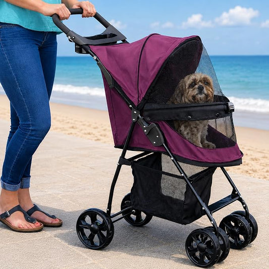 Pet Gear No-Zip Happy Trails Lite Pet Stroller, Dark Cranberry | Zipperless Entry, Easy Fold with Removable Liner, Safety Tether, Storage Basket + Cup Holder, For Cats/Dogs