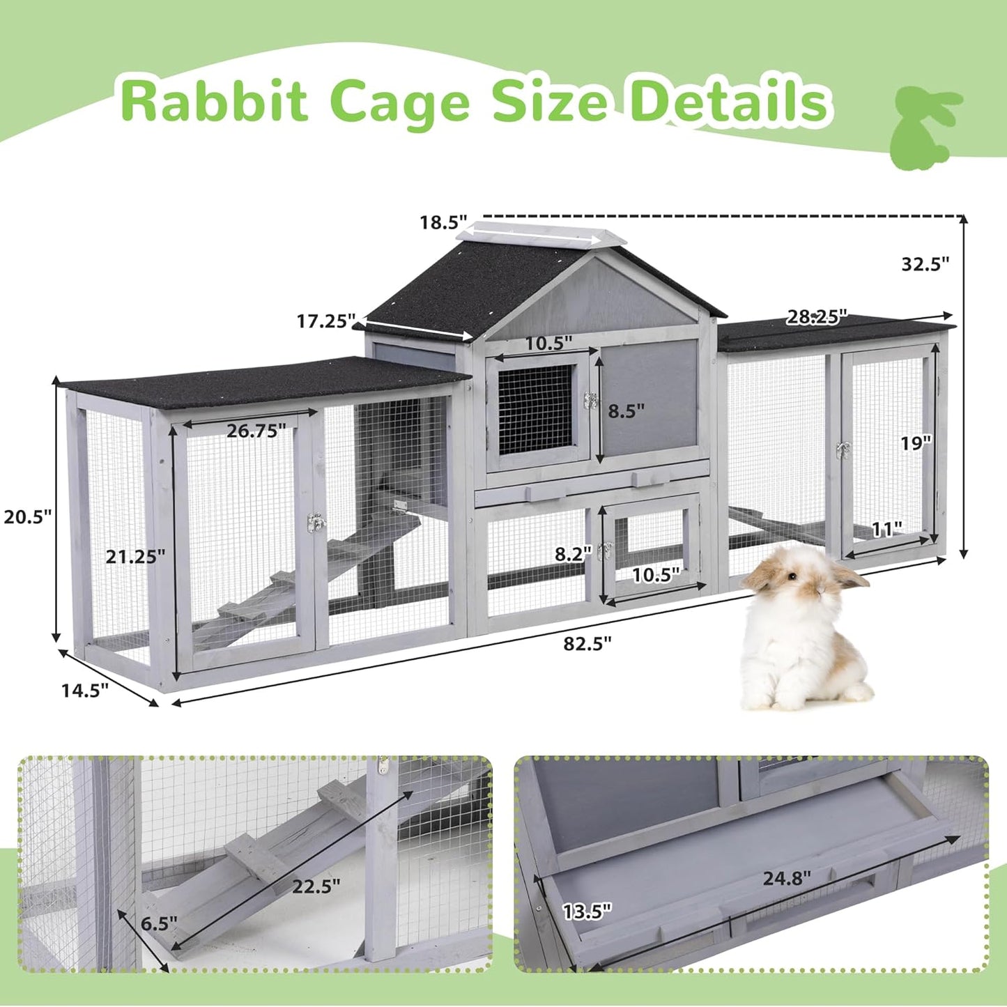 82.5” Large Wooden Rabbit Hutch Outdoor Easy to Assemble Rabbit Cage and Durable Bunny Hutch Indoor with Cleaning Tray & Waterproof Roof for Small and Medium Bunny Rabbit Chick (Grey)