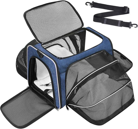Pet Carrier, Large Soft Sided Expandable Travel Carrier with Steel Frame, Anti-Scratch Mesh, Removable Fleece Pad and Pockets for Cats, Dogs and Small Animals up to 15 lbs (Blue, 5 Sides Expandable)