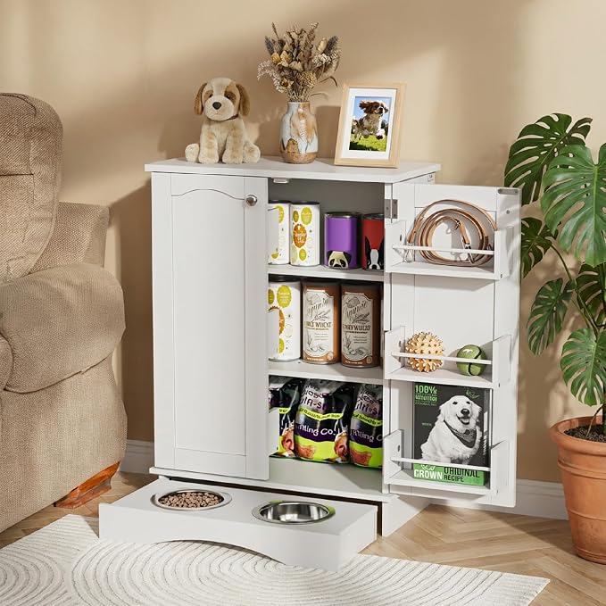 Hometis 23.5"(w) Dog Feeding Station with Storage, Dual Door Hung Storage, Hidden Feeding Bowls,(Off White)