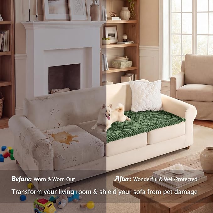 PuTian 100% Waterproof Fuzzy Couch Cover for Dogs Green 27.6"x59" | Pet Friendly Dog Mat for Couch, Waterproof Sofa Protector, Scratch Resistant Furniture Cover for Dogs, Machine Washable