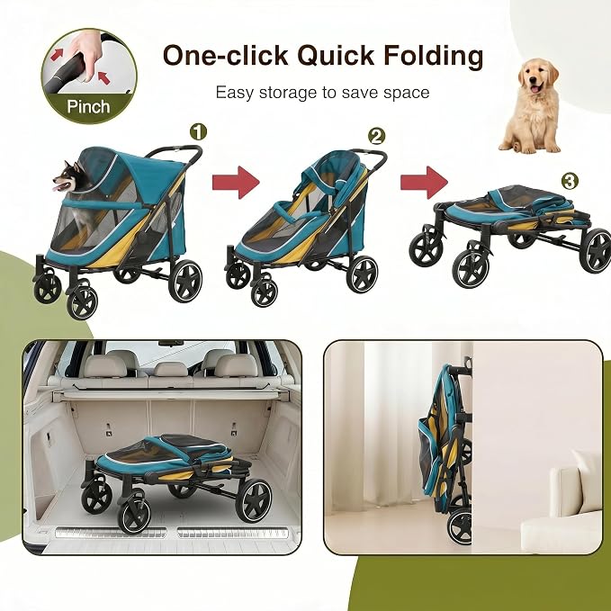 Dog Stroller for Medium/Large Dogs One-Click Folding, Extra Large Pet Stroller for 2 Dogs with Storage Pocket & Shock Absorption, Up to 130 lbs, Blue