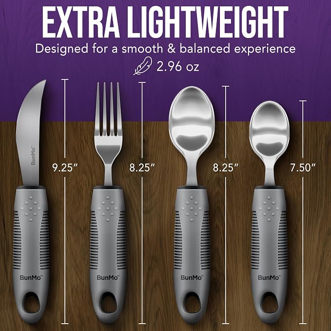 BUNMO Weighted Utensils for Hand Tremors - Elderly, Weak Hand Grip & Handicapped - Stainless Steel - Eat Independently