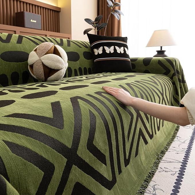 VClife Bohemian Green and Black Couch Cover Western Aztec Sofa Cover for 3-4 Cushion Couch Sofa Washable Chenille Sofa Slipcover Boho Non Slip Geometric Couch Covers for Sectional Sofa 71''x150''