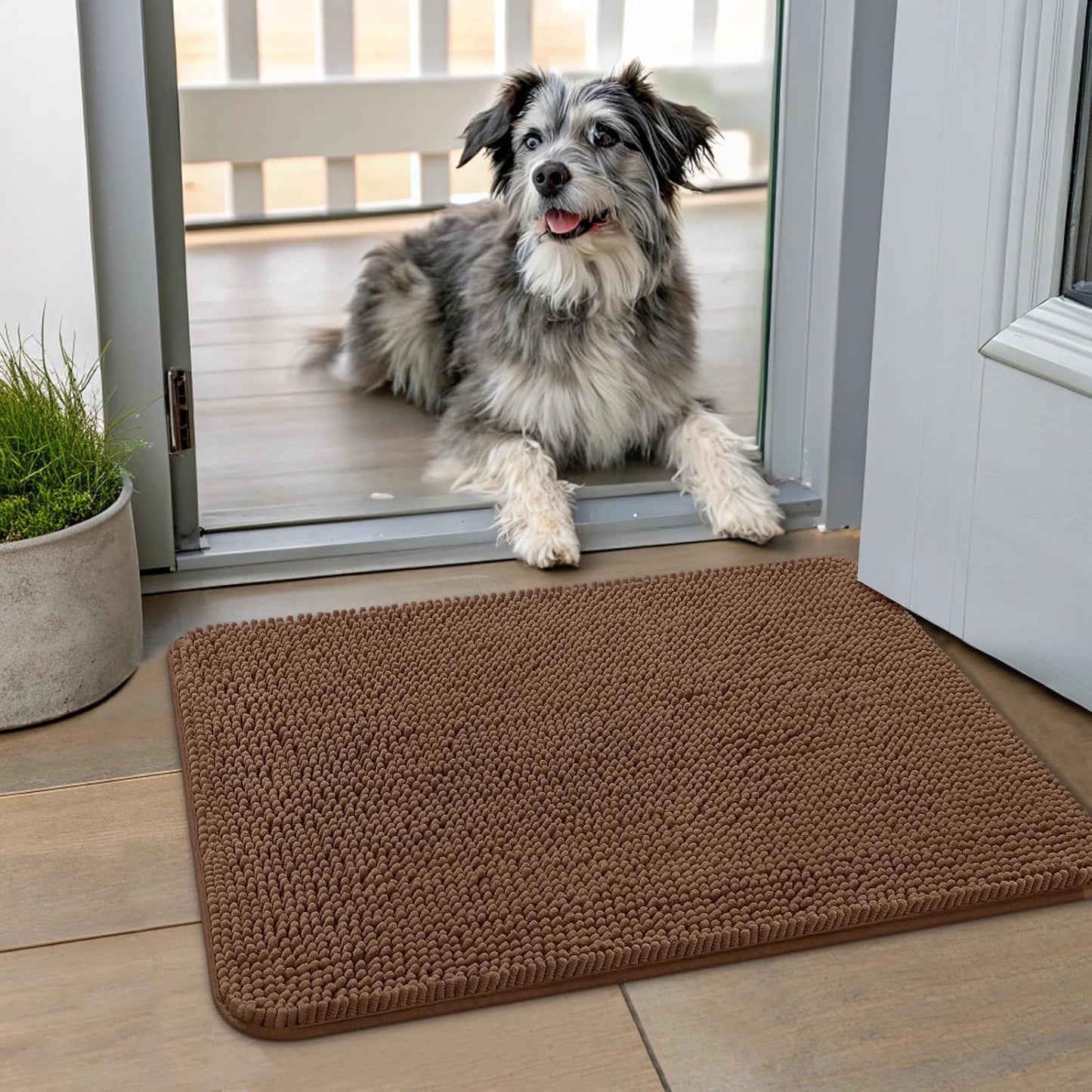 Smiry Dog Door Mat for Muddy Paws 24x16, Absorbs Moisture and Dirt Doormat, Non-Slip Washable Quick Dry Chenille Front Door Mat Indoor Entrance, Entryway Carpet for Inside Floor, Mocha