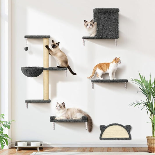 5-in-1 Cat Wall Shelves, Solid Wood Cat Wall Furniture Set for Indoor Cats | 44 lb per Shelf, 72-Hour Load Tested, Pre-Drilled, Fits 16 in. Stud Drywall & Solid Walls, for Small to Medium Cats