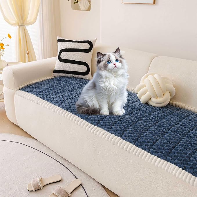 OTOB Couch Cover for Dogs Washable Non Slip Plush Sofa Covers for 3 Cushion Couch, All Seasons Fuzzy Kids Pet Friendly Sofa Slipcovers Furniture Protector Bed Mat (Blue, 27.6" x 70.9")