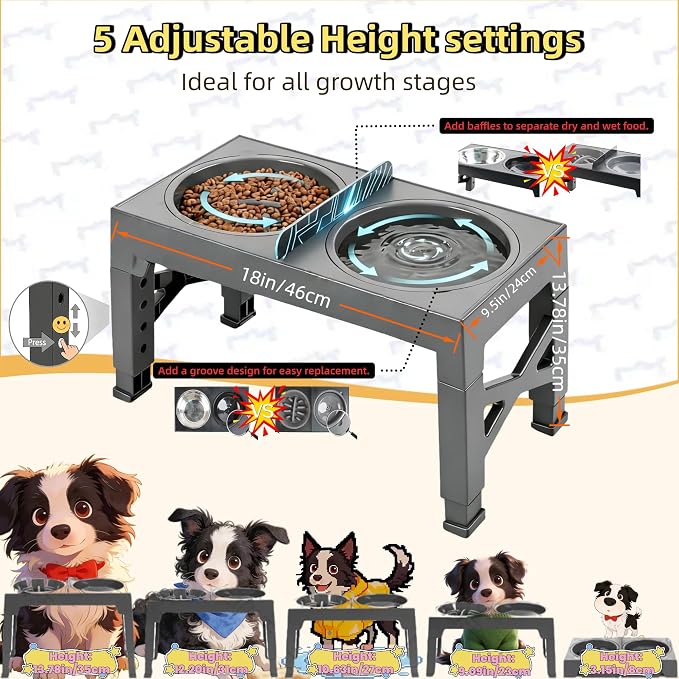 3-in-1 Elevated Slow Feeder and Water Bowls for Dogs, 4 Height Adjustable Raised, Separate Dry and Wet Areas, Prevent Water Overflow, Foldable Pet Bowl