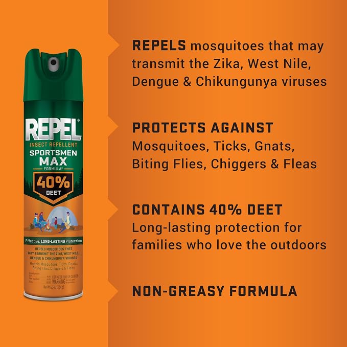 Repel Insect Repellent Sportsmen Max Formula 40% DEET 6.5 Ounces, Long-Lasting Aerosol Insect Repellent Spray Repels Mosquitoes, Ticks, Gnats, Biting Flies, Chiggers And Fleas, 6 Pack