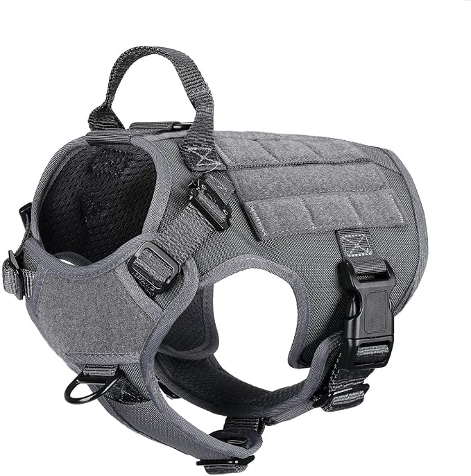 ICEFANG Tactical Dog Harness for Small Dogs,Reflective No Pull Dog Vest | with Control Handle,Adjustable,Front Hook,2 Leash Clips,Soft Padded,MOLLE Panel,Grey,Small