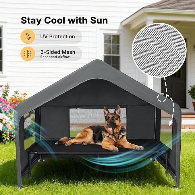 Veehoo Extra Large Dog House Outdoor Includes Elevated Dog Bed-Weatherproof | Waterproof Outside Dog Tent 4.1' x 4.1' x 3.3', Dog Shade Shelter and Raised Bed Combo for Pets or Stray Animals, Grey