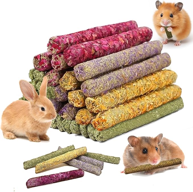 Jorewood 33 Pcs Rabbit Chew Sticks, Rabbit, Guinea Pig Toys, Natural Timothy Grass Molar Teeth Stick, Mixing Natural Flowers Chewing Toy, Small Animals Treats