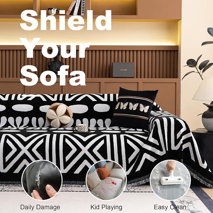 VClife Minimalism Tribal Couch Cover Non Slip White Black Geometric Jacquard Sofa Cover Washable Bohemian Style Aztec Couch Slipcover for Sectional Couch Chenille Furniture Protector 71''x118''