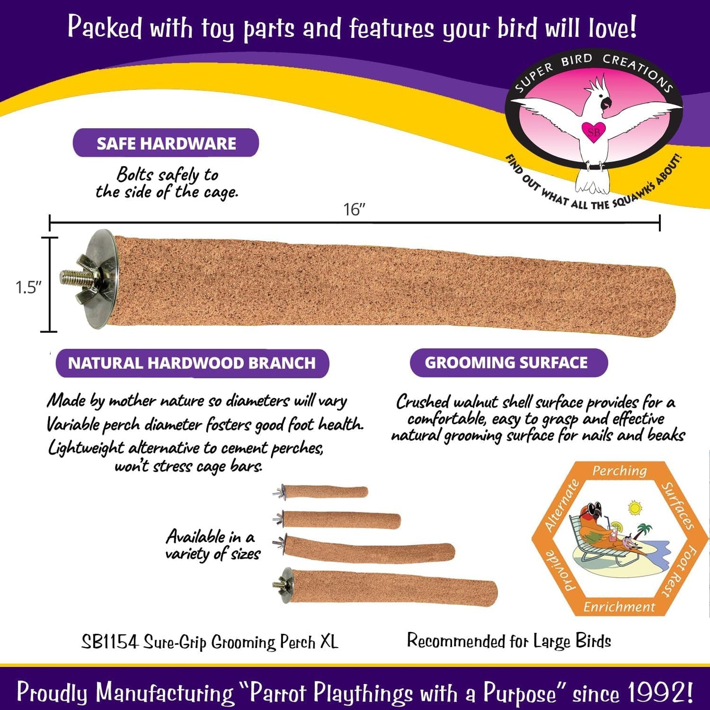 Super Bird Creations SB1154 Sure-Grip Grooming Perch Extra Large, Large/XL Bird Size - Enriches Beak and Foot Health - Ideal for Parrots African Greys Cockatoos - XL Bird Size, 1 1/4" diam x 12" (XL)