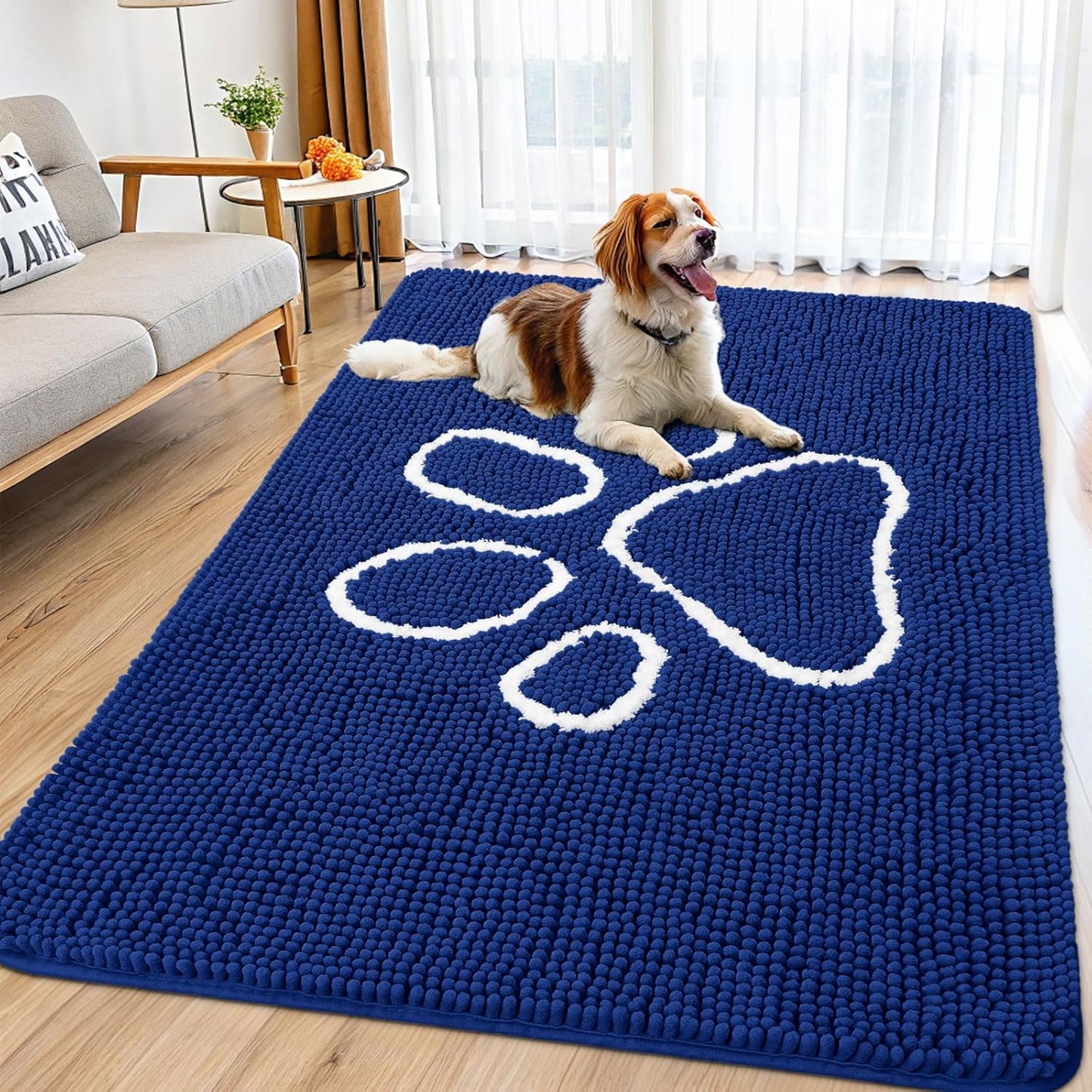 Smiry Dog Door Mat for Muddy Paws, Absorbent Dirt Trapper Non Slip Quick Dry Washable Chenille Mat for Mud Dogs, Entry Rug for Indoor and Outdoor (71x46 Inches,Navy Blue)