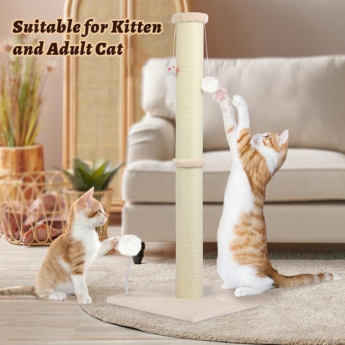 36 Inch Tall Cat Sisal Scratching Post for Indoor Cats, Beige | Natural Sisal, Sturdy Base, Interactive Toys, Full Stretch, Furniture Scratching Redirect, For Kittens and Adult Cats