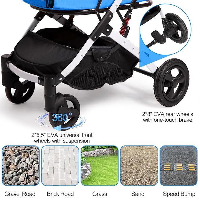 Pet Stroller for Medium Small Dog & Cat, Foldable Lightweight Dog Stroller with Storage Basket Pet Travel Carriage with Safety Leashes, 4 Wheel, Blue
