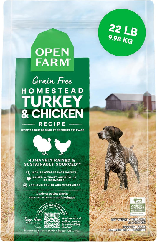 Open Farm, Grain-Free Dry Dog Food, Complete & Balanced Kibble, Sustainably & Ethically Sourced Ingredients, Non-GMO Veggies & Superfoods to Support Overall Health, Turkey and Chicken Recipe, 22lb Bag