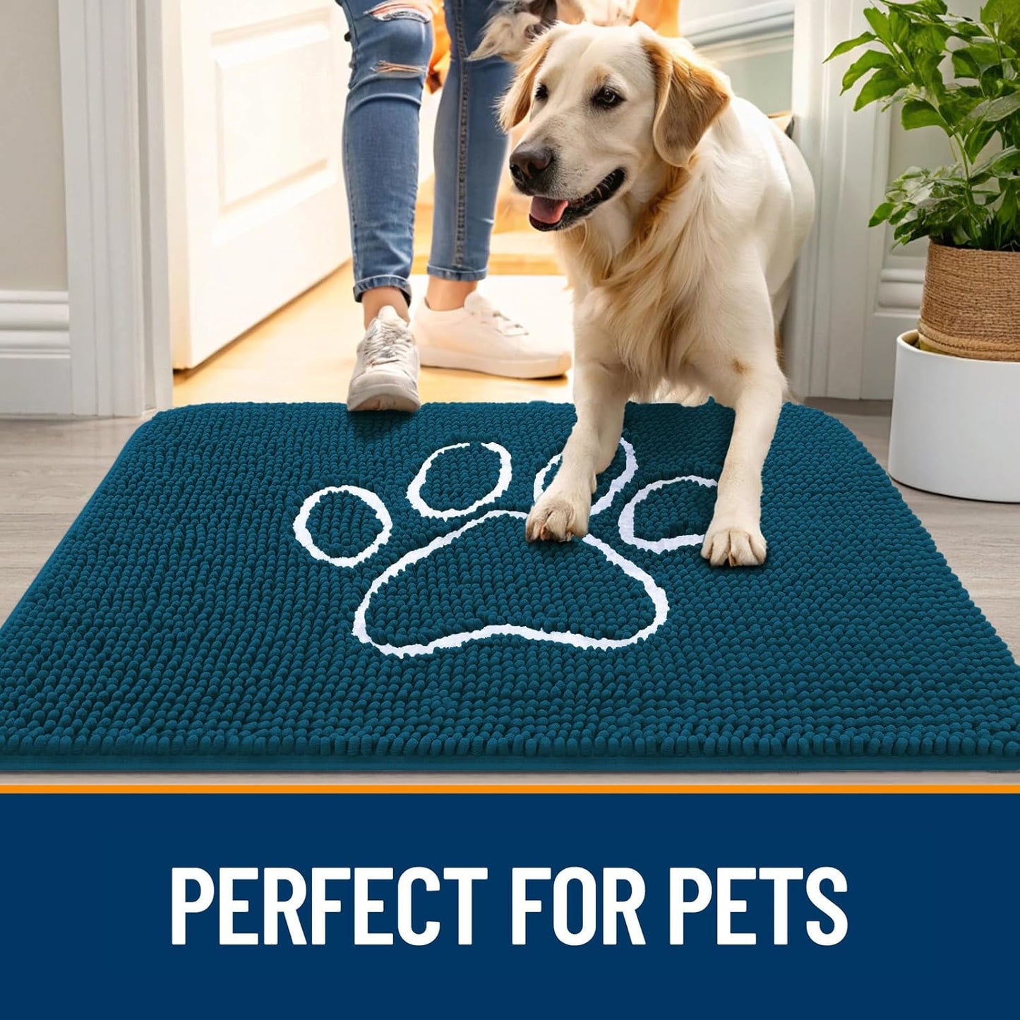OLANLY Door Mat for Muddy Dog Paws 70x24, Absorbent Chenille Mud Doormat with Paw Print Design, Non-Slip Washable Doormat for Indoor Entryway, Quick-Dry Pet Bed Mats for Dirty Dogs, Atlantic Blue