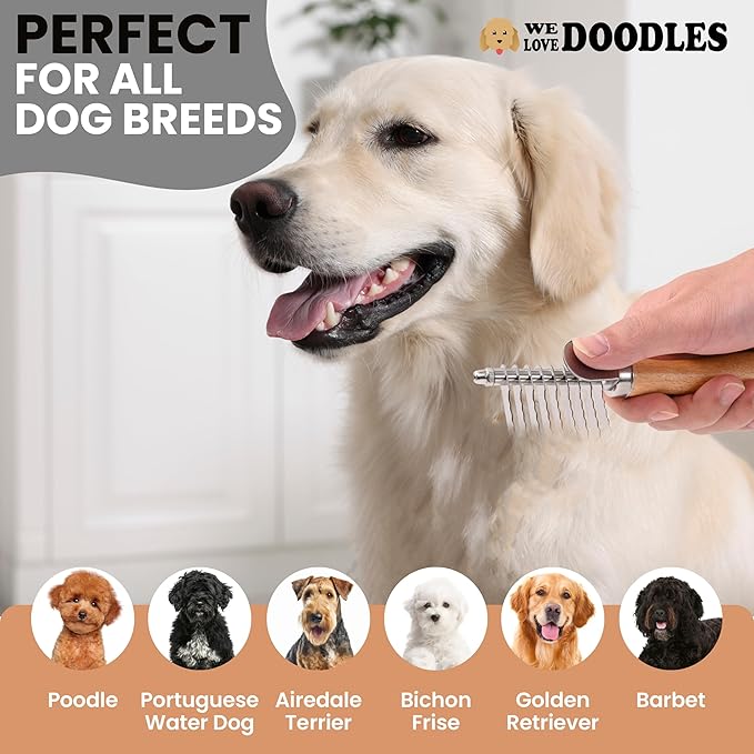 We Love Doodles Dog Grooming Detangler Brush & Rake (Mango Detangler Spray Bundle) - Stainless Steel Blades - For All Hair Types & Sizes - Safe & Gentle Formula - Made in USA