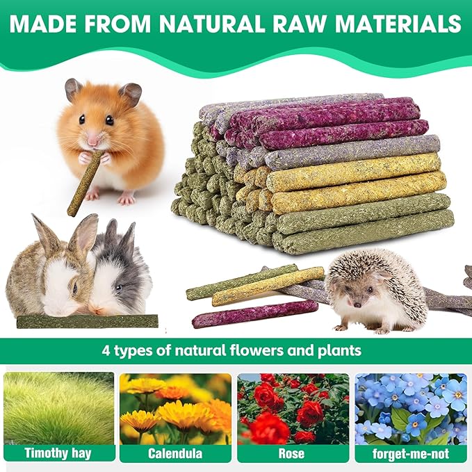 Jorewood 33 Pcs Rabbit Chew Sticks, Rabbit, Guinea Pig Toys, Natural Timothy Grass Molar Teeth Stick, Mixing Natural Flowers Chewing Toy, Small Animals Treats