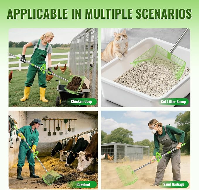 2-in-1 Chicken Coop Scooper: Extra Large 12” Poop Scooper & Rake with Adjustable Handle (37”-65”) | Heavy-Duty Metal Shovel for Quick Pet Waste, Rabbit, Guinea, Barn Cleaning | US Patent Pending,Green