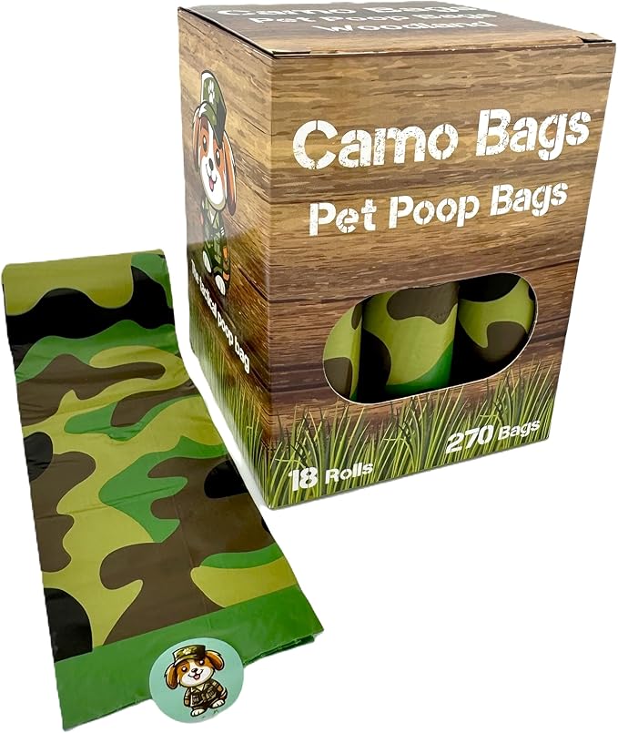 Camo Bags - Pet poop bags with a camouflage pattern. Poop bags rolls for dog walking, dog-parks, and the yard.