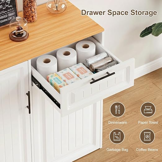 ZIFTY Pull Out Trash Can Cabinet with Storage, 13 Gallon Trash Can, White | Pet Proof, Freestanding Kitchen Cabinet, Drawer & Adjustable Shelf, Garbage Recycling, Modern Farmhouse Waste Bin Furniture