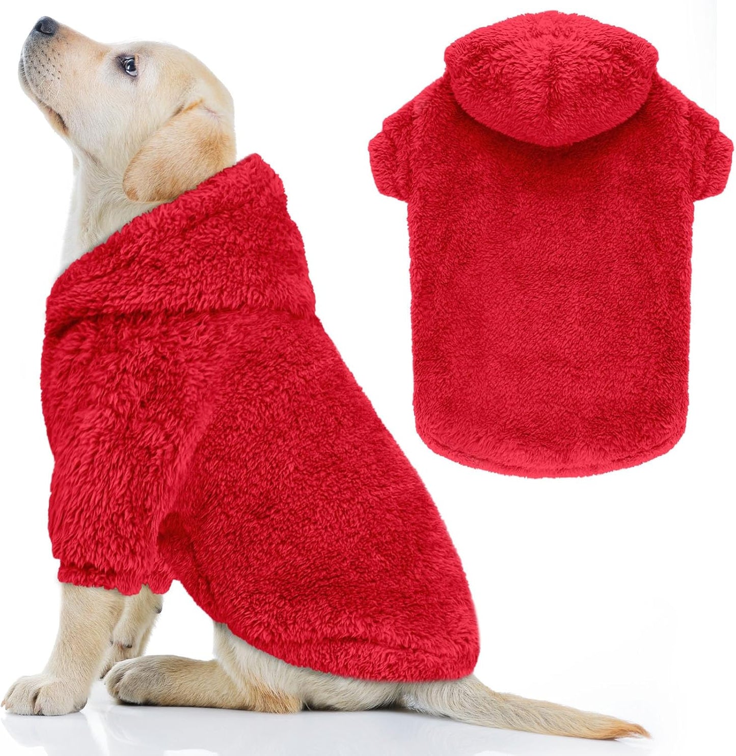 Fuzzy Dog Sweaters for Large Dogs Soft Double-Sided Plush Fleece Pet Sweater Clothes Pet Coats Dog Hoodie Sherpa Hooded Sweatshirt(Red-L)