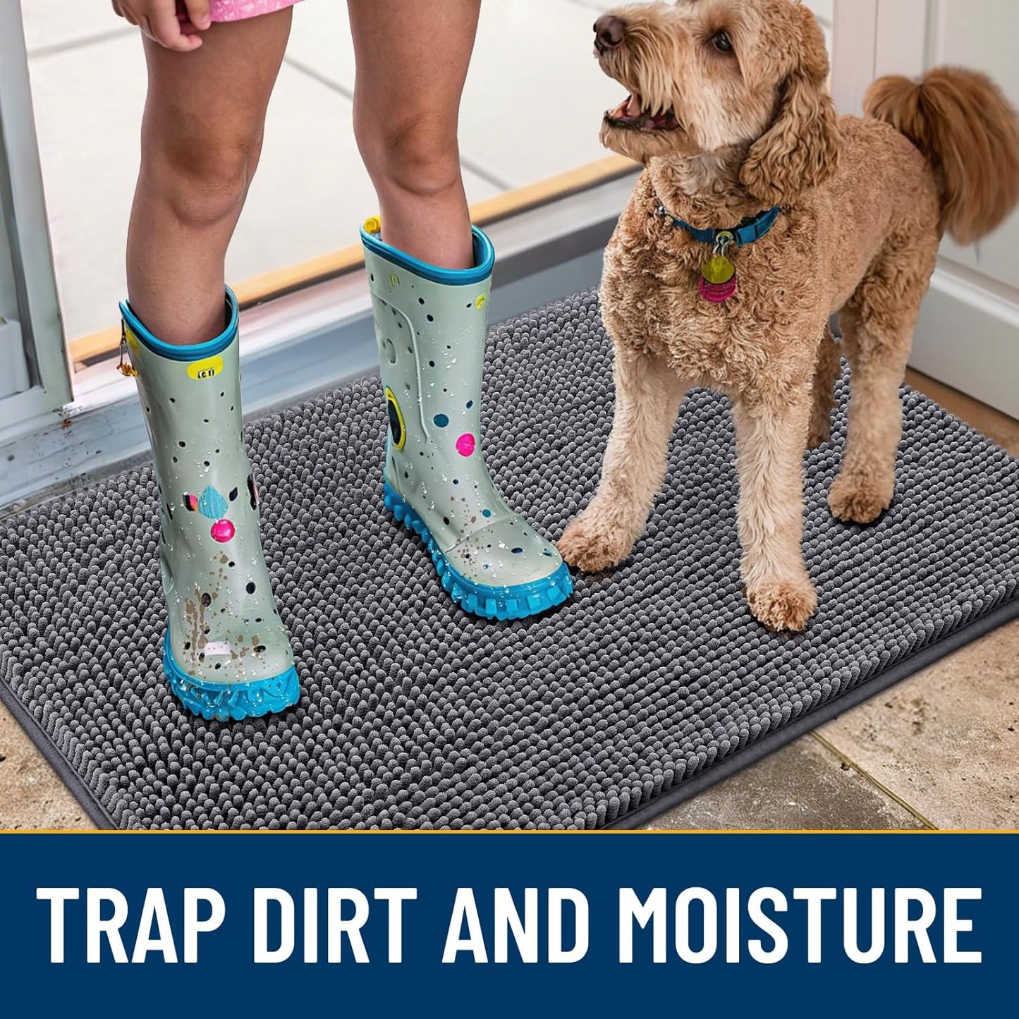 Smiry Dog Door Mat for Muddy Paws 70x24, Absorbs Moisture and Dirt Doormat, Non-Slip Washable Quick Dry Chenille Front Door Mat Indoor Entrance, Entryway Carpet for Inside Floor, Dark Grey