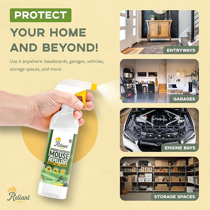 Reliant Pet Peppermint Oil Mouse Repellent Spray - 16oz - Plant Based Mice Deterrent for Indoor & Outdoor Use - Pest Control for Home, Car Engines, RV - Made in USA
