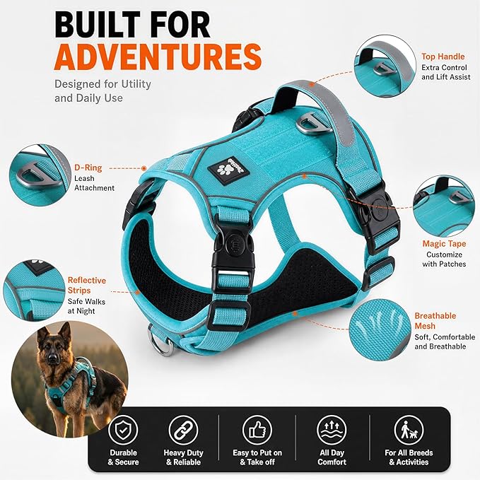 Heavy Duty Dog Harness for X-Large Dogs, No Pull Tactical Reflective Vest | 3 Point Locking Buckles, Dual Leash Clips, Handle, Reflective Strips, Hook & Loop Panel, Metal D Ring, Adjustable (Black)
