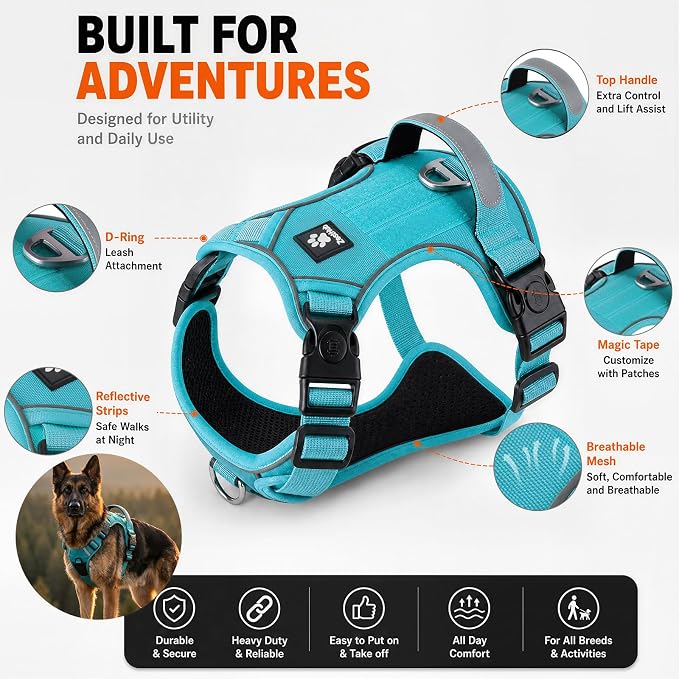 Heavy Duty Dog Harness for X-Large Dogs, No Pull Tactical Reflective Vest | 3 Point Locking Buckles, Dual Leash Clips, Handle, Reflective Strips, Hook & Loop Panel, Metal D Ring, Adjustable (Khaki)