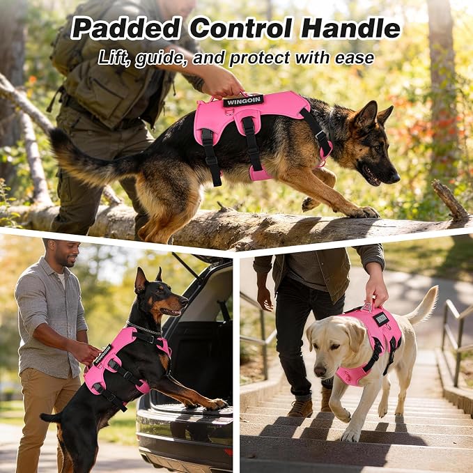 WINGOIN No Escape Dog Harness,Heavy Duty Harnesses for Large Dogs | Adjustable Pet Harness ,with Handle, Leash Front Clip Dog Vest ,for Walking Hiking, Hotpink M