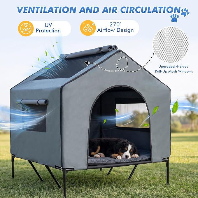 Dog House Outdoor, 43" Tall 3-in-1 Elevated Dog Bed with Roof | 4-Side Breathable Mesh Window, Dog Shelter for Large Dog Breeds Outside, Dog Tent with Canopy, Weatherproof Waterproof, 200LB