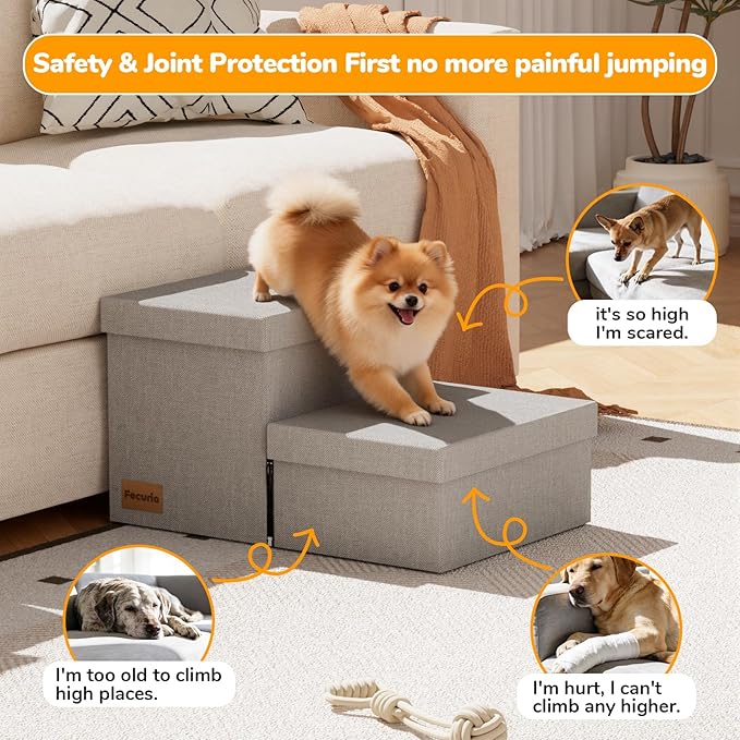 2-Step Wide Dog Stairs with Storage 11" H, Non-Slip Sturdy Pet Steps for Couch Chair, Dog Steps for Small/Medium Old Dogs, Cats, Rabbits Up to 150lbs, Foldable Cat Puppy Stairs for Car, Grey