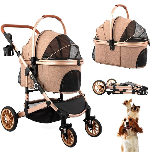Bicystar Dog Stroller with Detachable Carrier, Rubber Wheels, 50 lbs, Tan | 3-in-1 stroller and car seat, real solid rubber wheels, fits 2 small or 1 medium pet, foldable frame