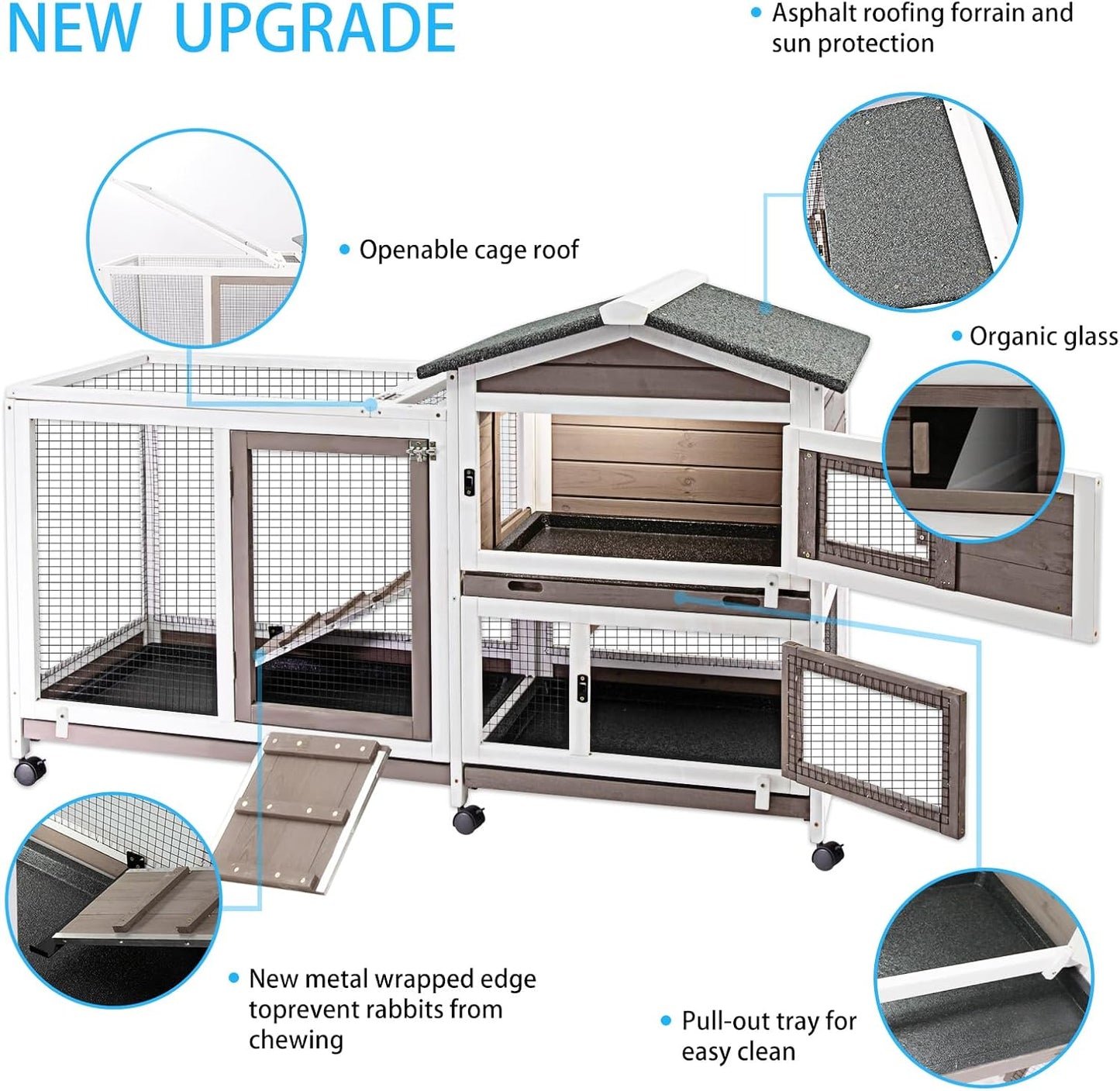 Rabbit Hutch Indoor Outdoor Two Story Bunny Hutch with Wheels Guinea Pig Cage with Removable No Leaking Tray Wooden Pet House