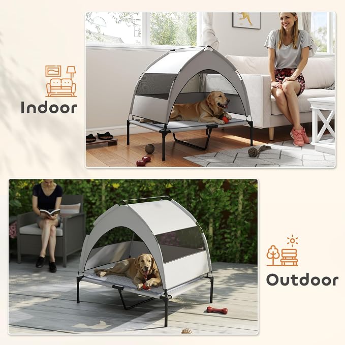PawHut Elevated Dog Bed with Cooling Pad, 36" x 29.5" x 35", Light Gray | Raised Outdoor Pet Bed, Removable Canopy, Breathable Mesh, Storage Bag, Portable Pet Cot, for Indoor Outdoor Large Dogs