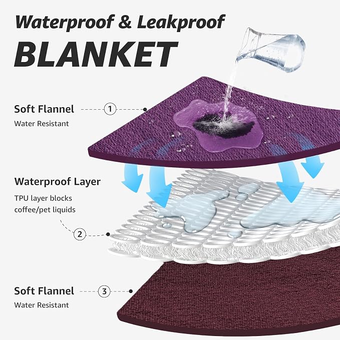 LOOBANI Waterproof Blanket for Twin Bed, Purple Throw Blanket 60" x 80" | Dog Splash Blankets for Large Dogs, Reversible Spill-Proof Couch Cover for Sofa Protection, Movie Nights, Camping, Noise Free