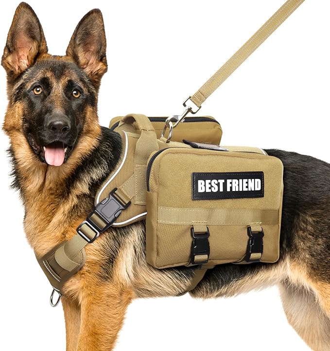 Dog Backpack Harness and Leash Set for Large Dogs Brown XL | Removable Side Pockets Dog Vest with Padded Handle&MOLLE,No Pull Front&Back Metal Clips for Hiking Training Walking Hunting