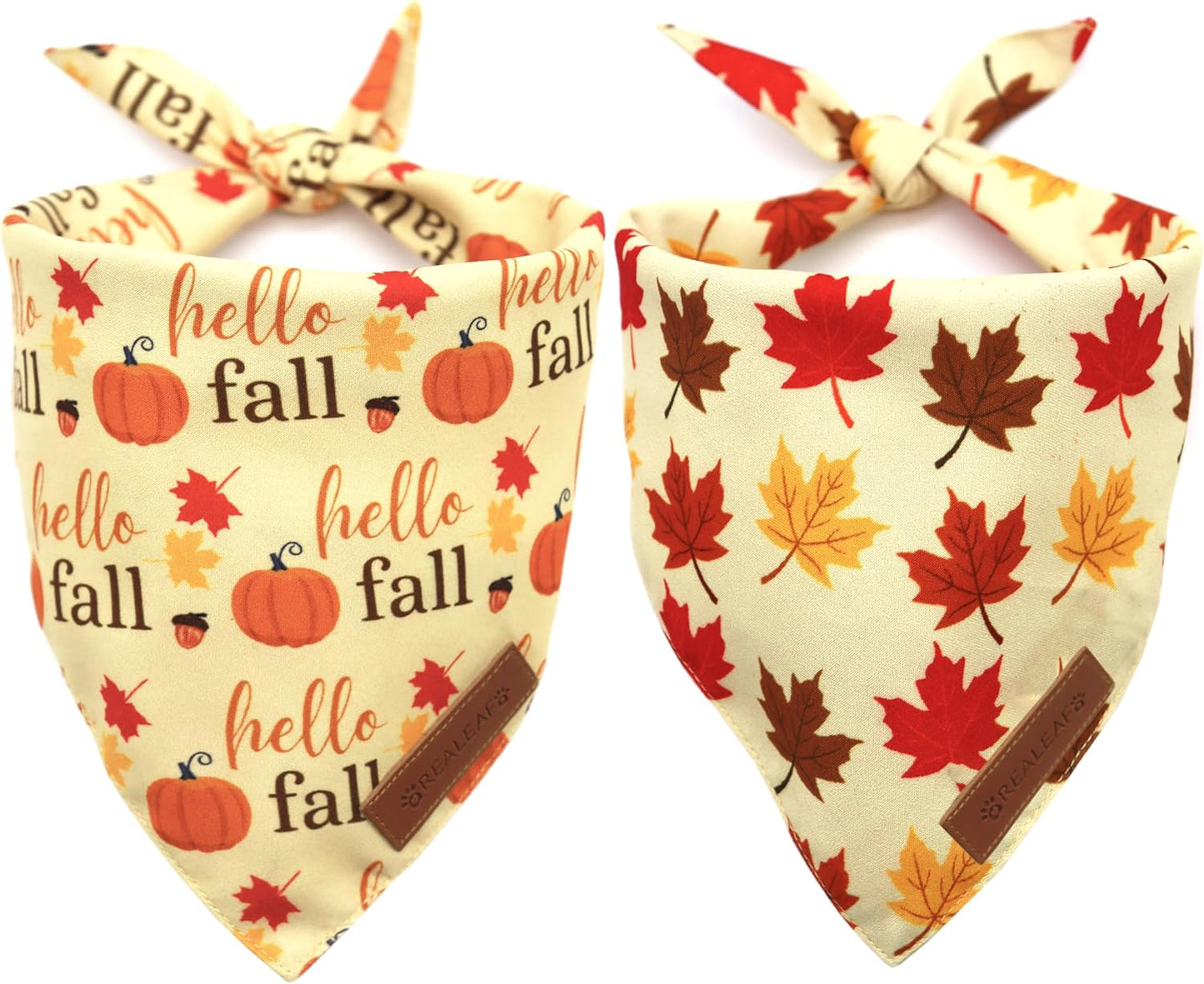Realeaf Fall Dog Bandanas 2 Pack, Orange Pumpkin and Leaf Print Pet Scarf for Boy and Girl, Premium Durable Fabric, Holiday Bandana for Medium and Large Dogs (Large)