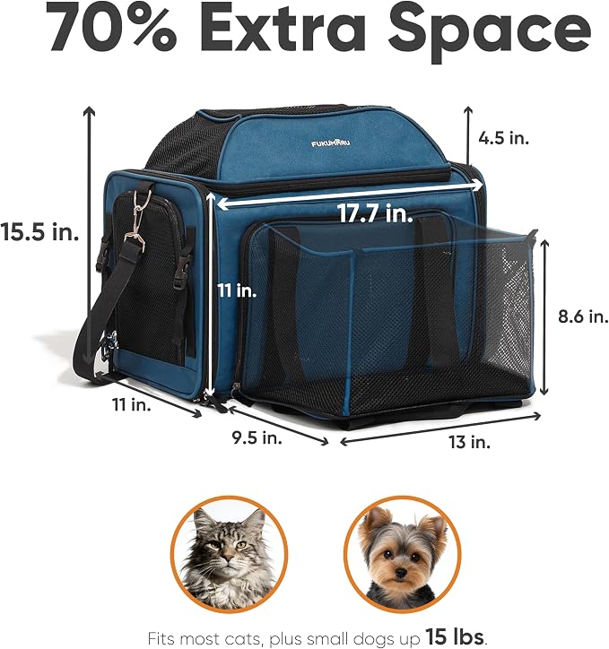 FUKUMARU Expandable Pet Carrier for Cat, 18x11x11 Large Cat Carrier Soft, Collapsible Airline Approved Dog Carrier, Ventilate Cat Travel Carrier with Durable Mesh, Escape-Proof Small Dog Carrier, Blue