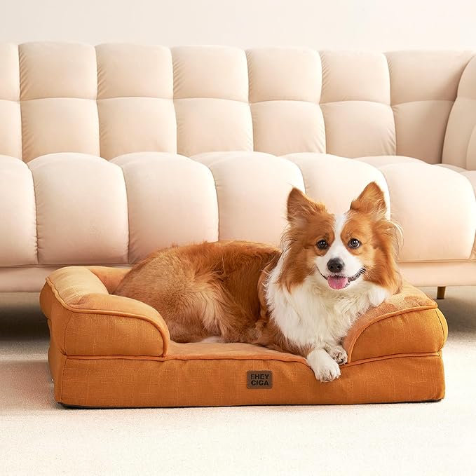 EHEYCIGA Orthopedic Extra Large Dog Bed, Waterproof Washable XL Pet Bed 44" | Non-Slip Bottom and Egg-Crate Memory Foam Big Dog Couch Bed with Washable Removable Cover, Pumpkin Orange, 44Inch