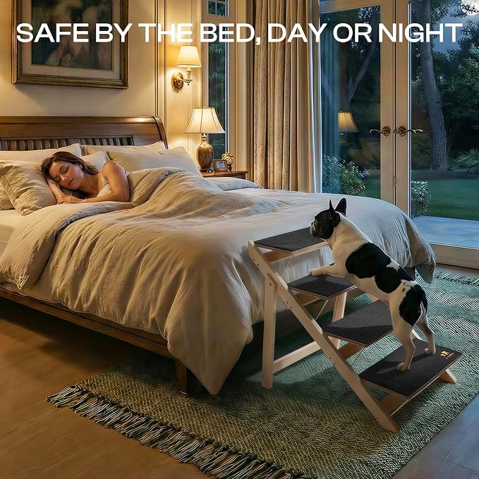 Luciphia Wooden 2-in-1 Dog Stairs, 4-Step Foldable Anti-Slip Pet Steps | For beds, cars, and couch, supports up to 220lbs, ideal for small, aged, and injured dogs and cats, indoor and outdoor use