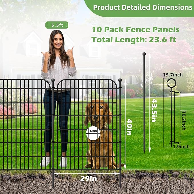 10 Panels Decorative Outdoor Garden Fence with Gate, 40 in(H) X 23.6 ft(L) Rustproof Metal Wire Panel Border for Yard, No Dig Temporary Tall Fence with Ground Stakes, Animal Barrier for Dog